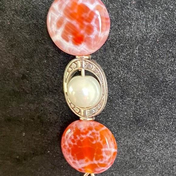 "Silver Diamond Orange Agate" Jewelry Set – Bracelet & Earring Pearl Bead - Picture 2 of 6